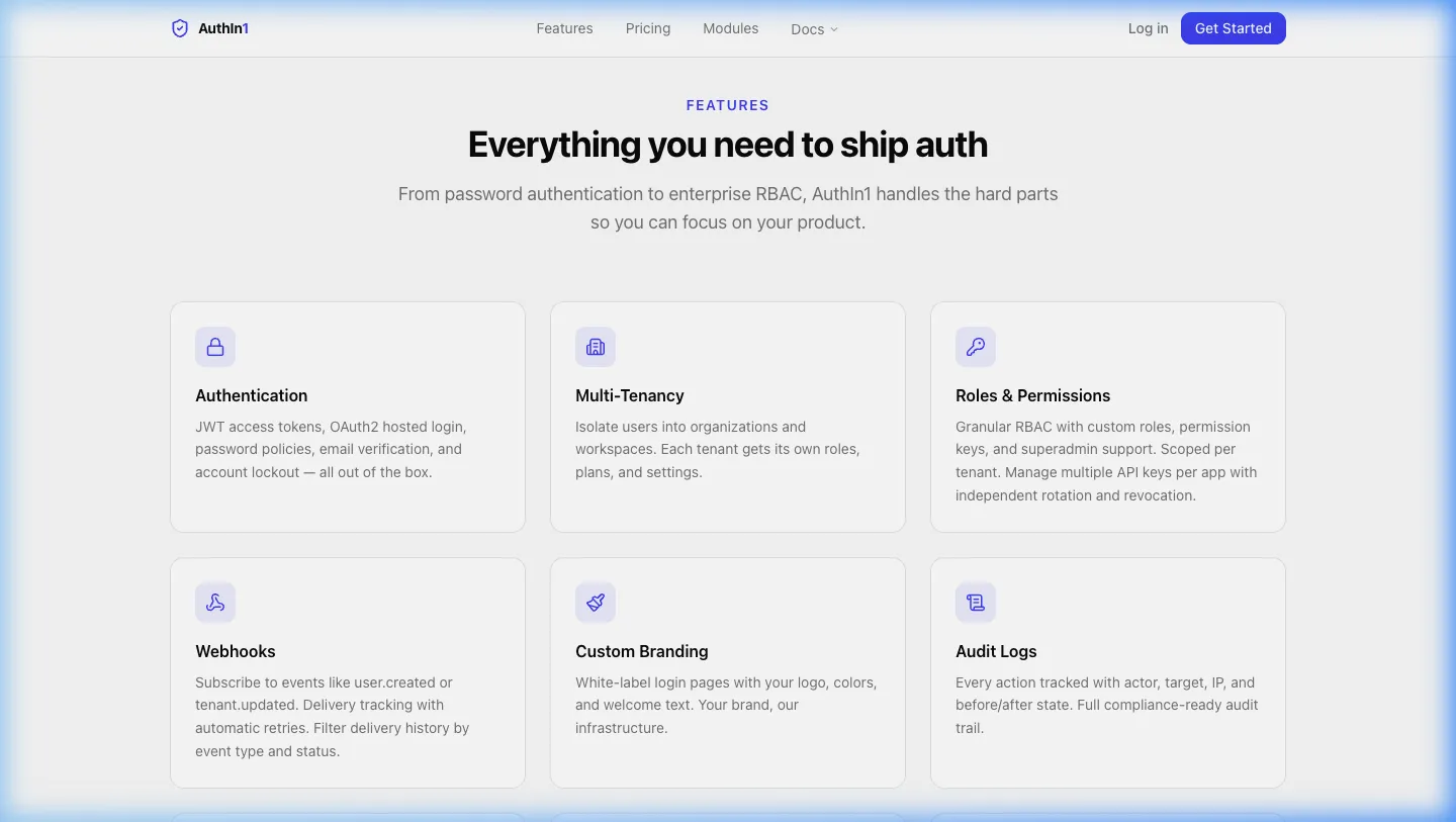 AuthIn1 - Feature Grid